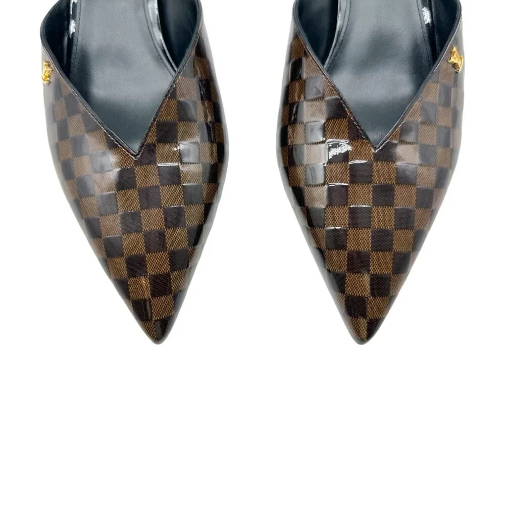 Louis Vuitton Damier Ebene Patent Pointed Toe Kitten Heel Mules